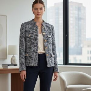 VTG Cache size 0 navy tweed preppy blazer jacket quiet luxury Y2K